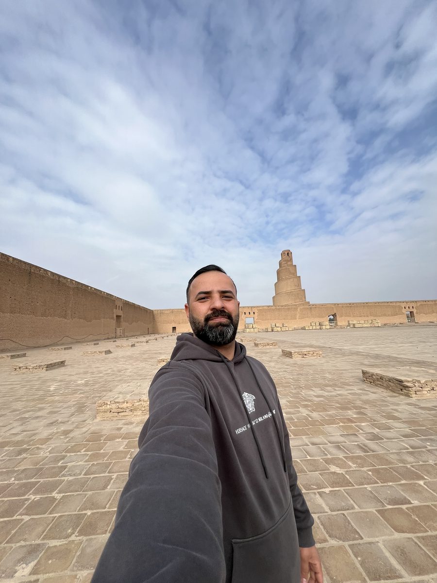 Ali selfie inside the courtyard of the Great Mosque of Samarra with the Spiral Minaret