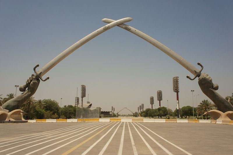 The iconic Crossed Swords Victory Arch monument on Parade Street in Baghdad, Iraq