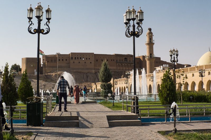 Promenade with fountains and street lamps leading toward the Erbil citadel, Kurdistan Iraq