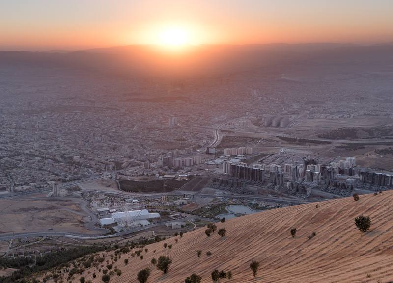 Panoramic sunset view over Sulaymaniyah city skyline, Iraqi Kurdistan